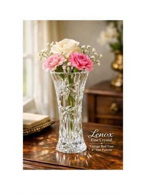 Lenox Crystal Star Vase Starburst Cut Geometric‎ Top Rim 6" Tall Flare Rim